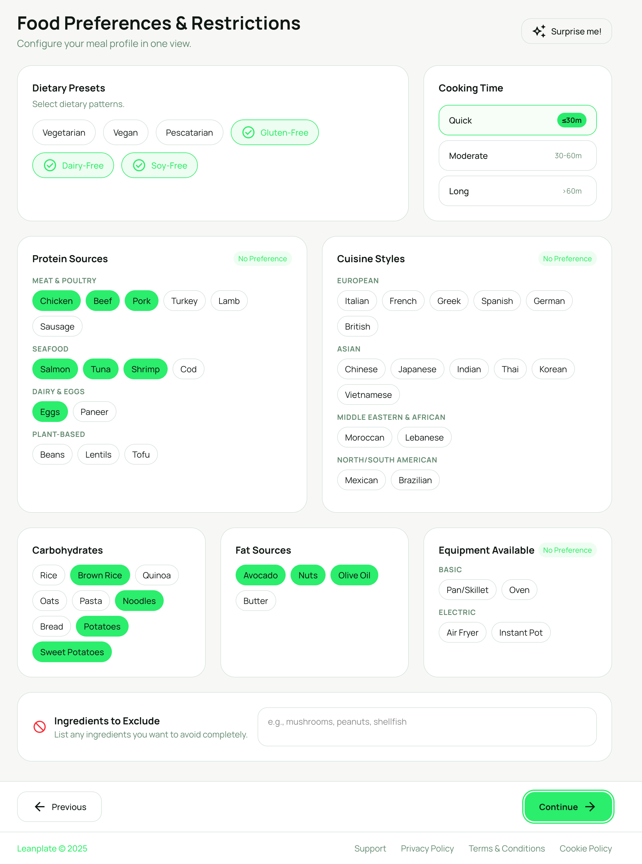 Choose dietary preferences